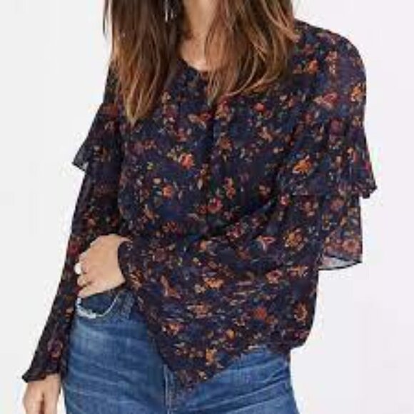 Madewell Floral Bell Sleeve Blouse - Navy and Red - Picture 2 of 12